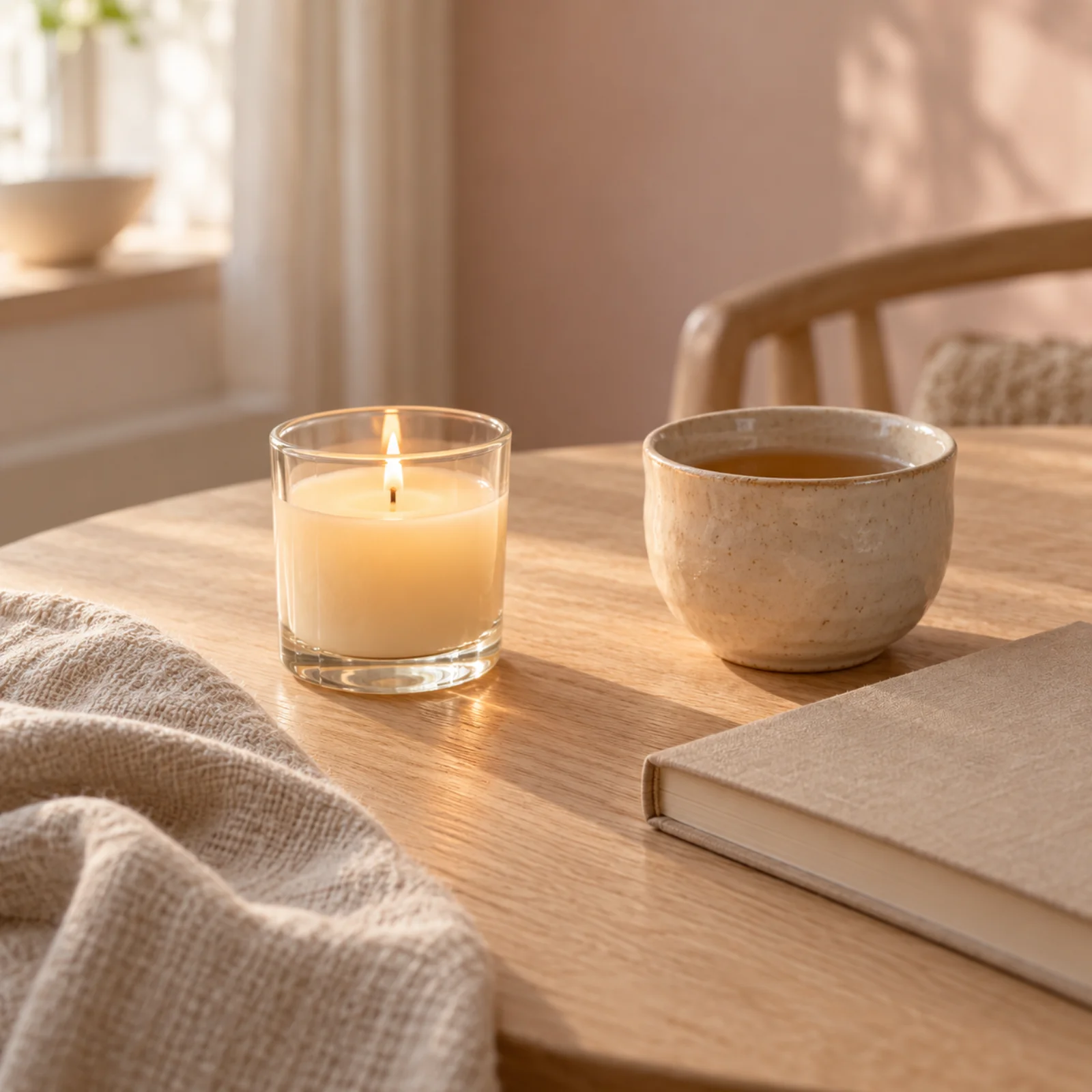 Kerzenlicht, Tee und natürliche Materialien auf einem hellen Holztisch